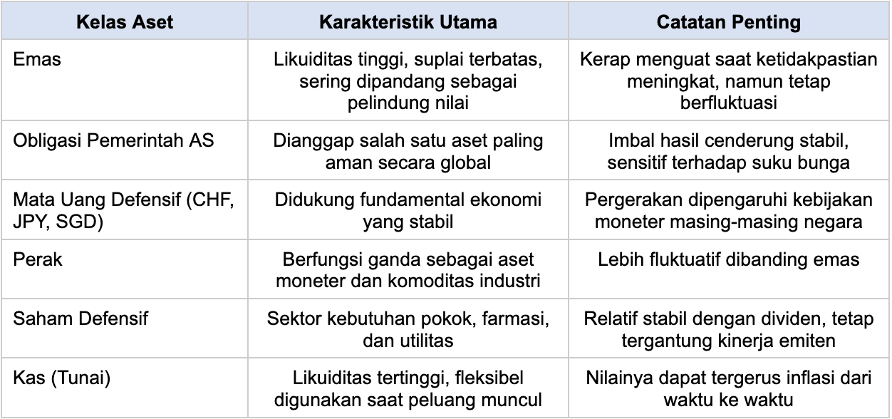 Catatan: Tabel bersifat edukatif. Setiap aset tetap memiliki risiko dan dapat berperilaku berbeda pada situasi pasar yang berbeda.