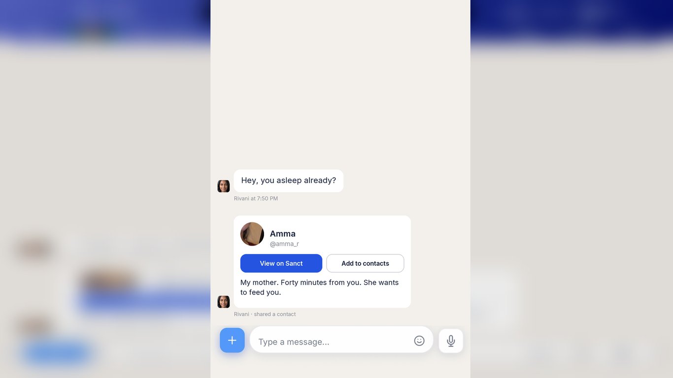 A contact card shared in a Sanct Social chat: a friend introduces her mother, forty minutes away in Johor. Real app screen.