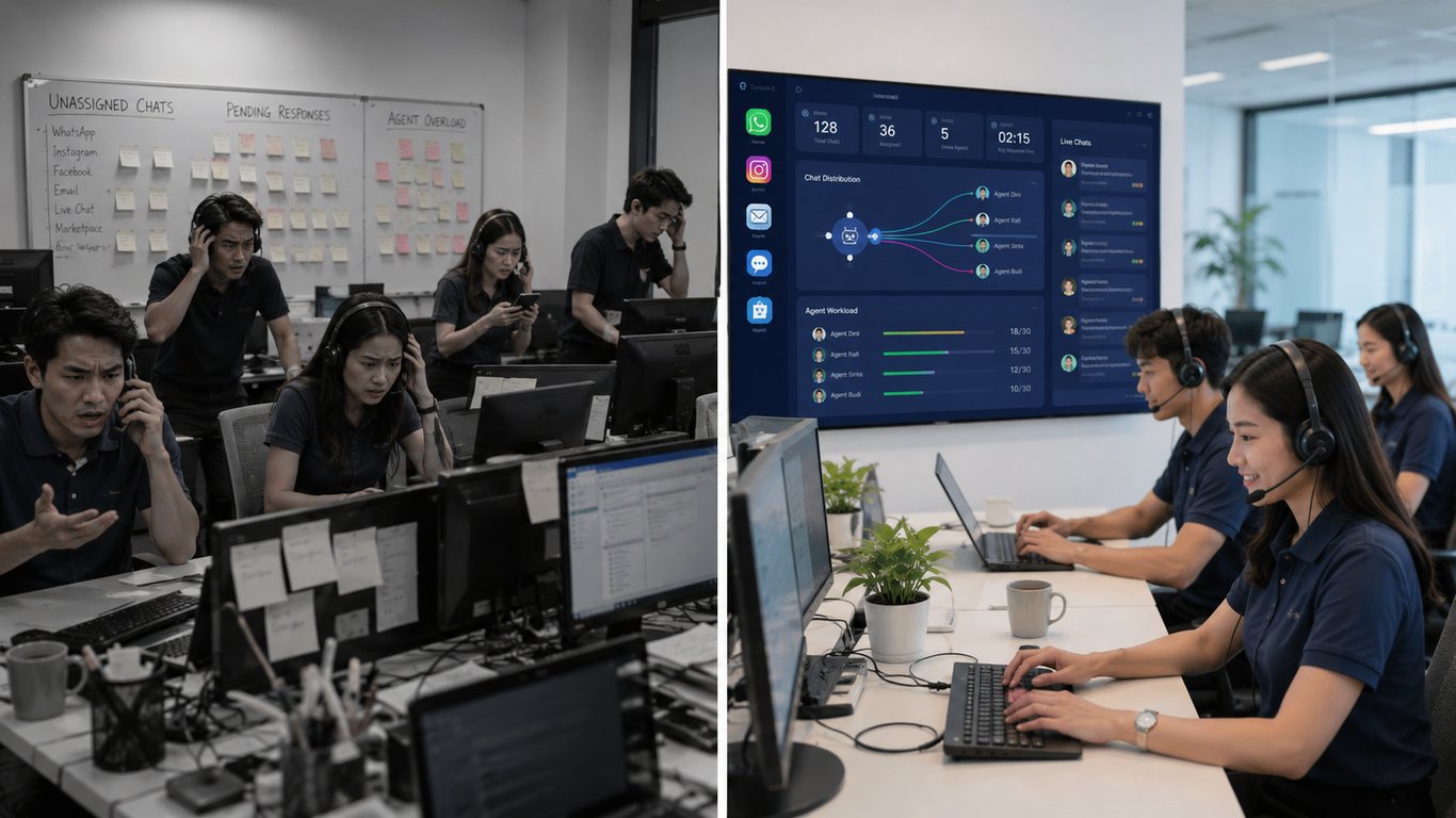 Ilustrasi tim CS sebelum dan sesudah menggunakan Sistem Routing Chat