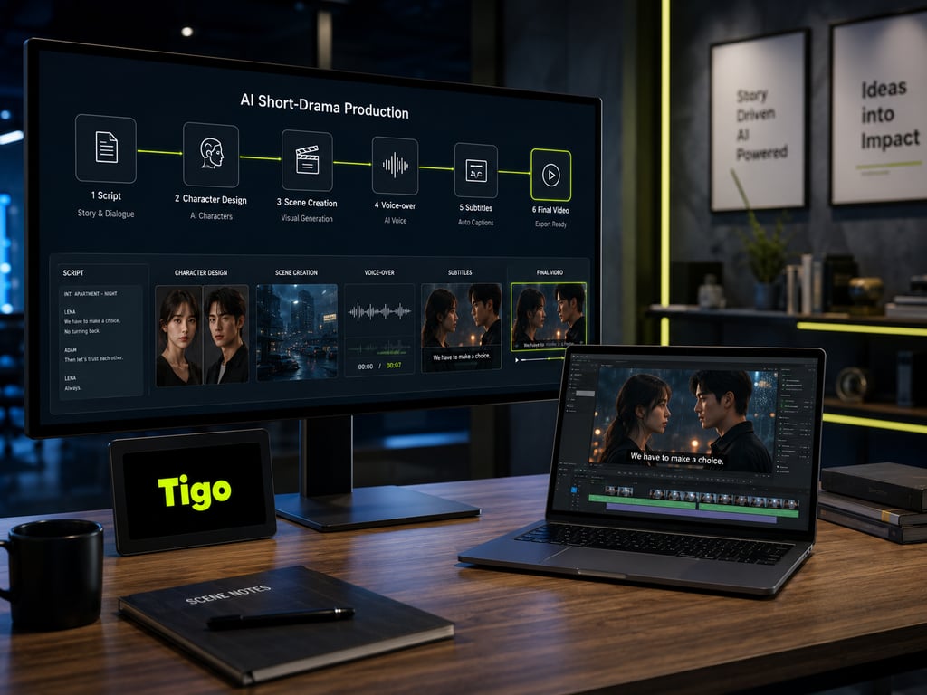 Proses produksi short drama dengan Tigo AI menjadi lebih terintegrasi, mulai dari penulisan naskah, pembuatan karakter, visual, voice-over, subtitle, hingga video final.