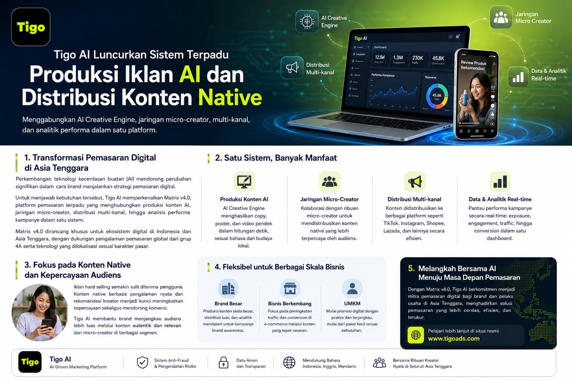 Ilustrasi sistem pemasaran digital terintegrasi Tigo AI yang menghubungkan produksi materi berbasis AI dengan jaringan kreator, distribusi konten, dan analisis performa kampanye