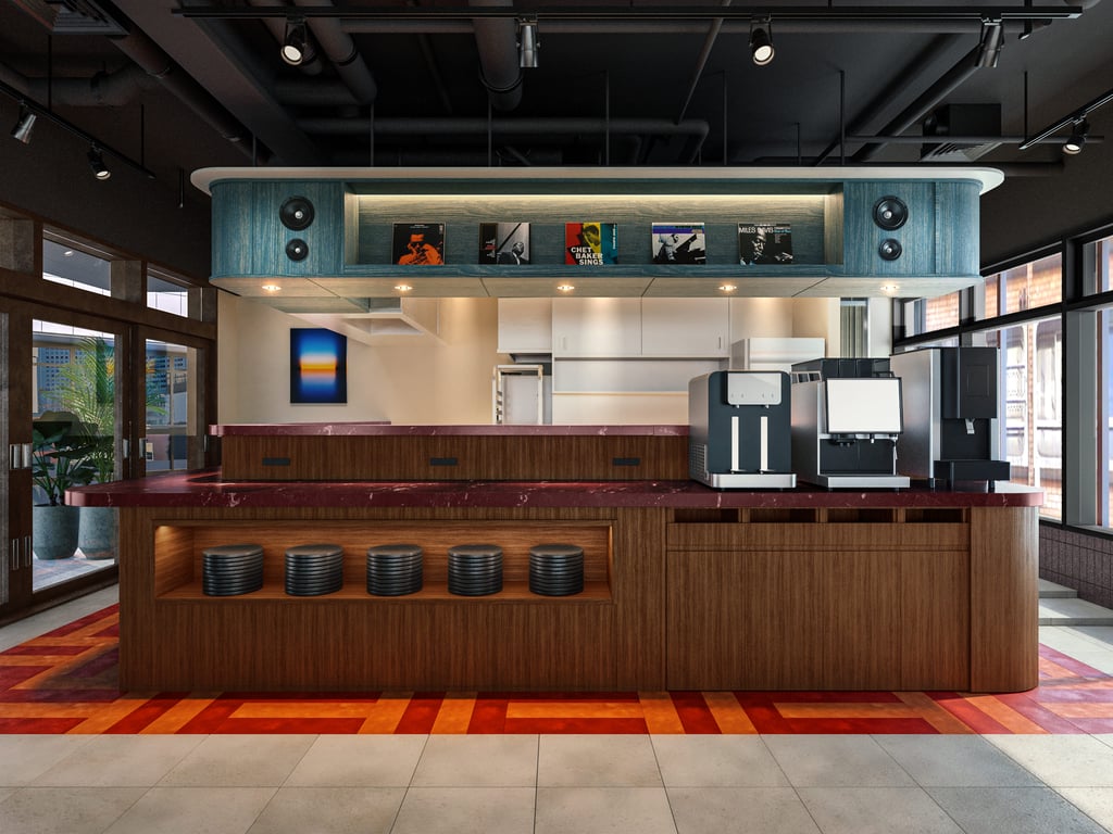 The guest-exclusive Re:cord Lounge is inspired by a retro jazz club and is open from 7:00 a.m. to 9:00 p.m.