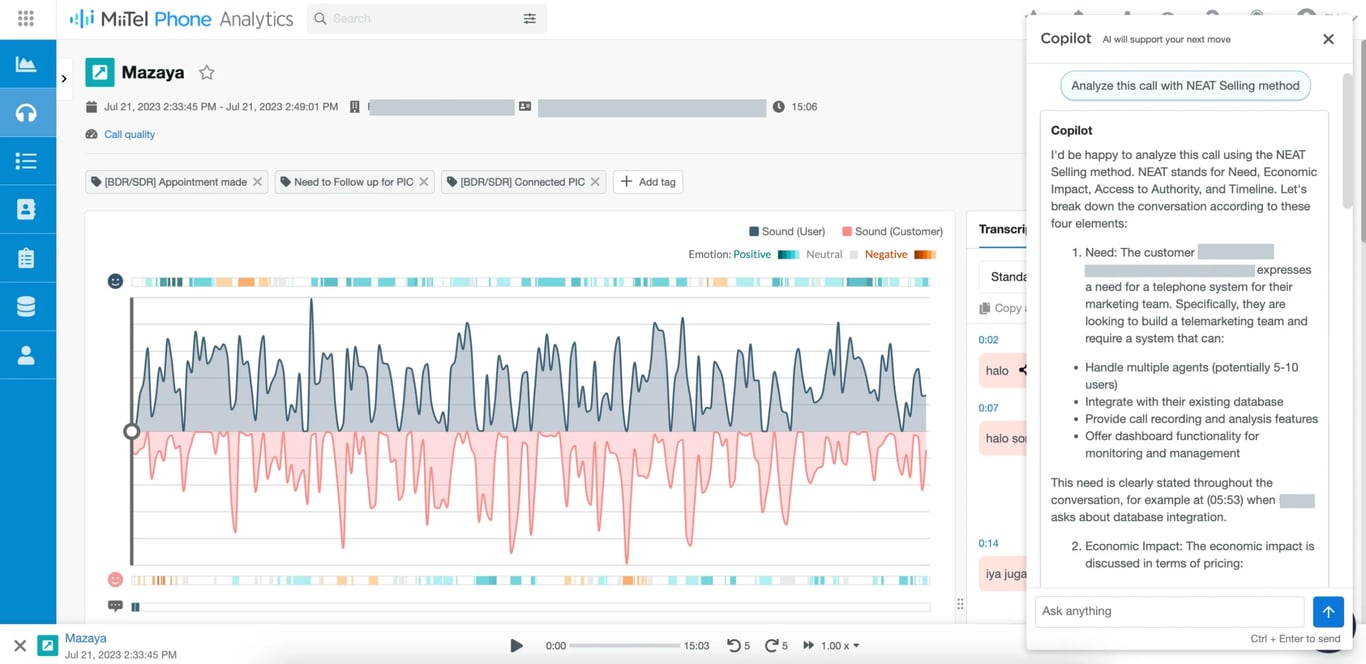 Contoh analisis NEAT Selling dengan Copilot pada call history di MiiTel Phone