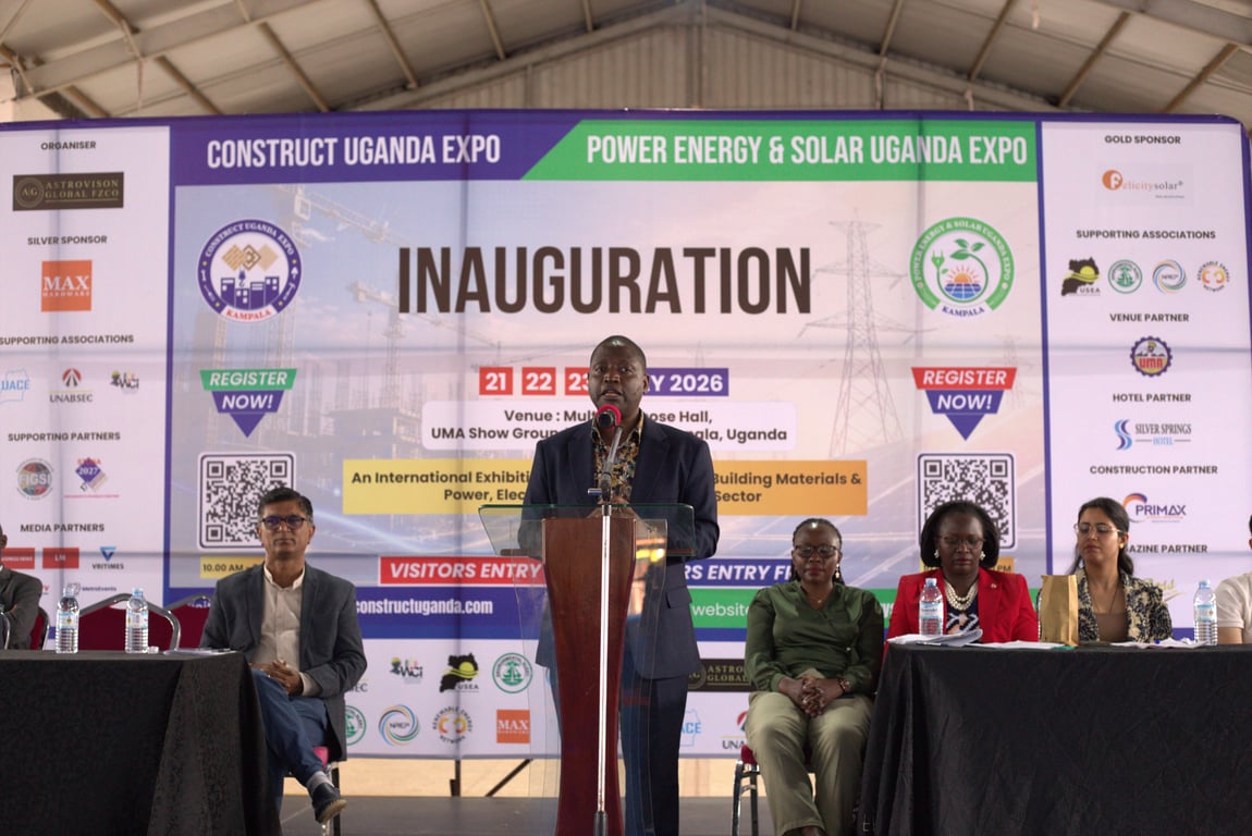 &nbsp; Mr. David Bahati,&nbsp;Hon'ble Minister of State for Trade, Industry, and Cooperatives (Industry), Ministry of Trade, Industry and Cooperatives speaking at the Inuaguration Ceremony of Construct Uganda Expo co located with Power Energy and Solar Uganda Expo 2026