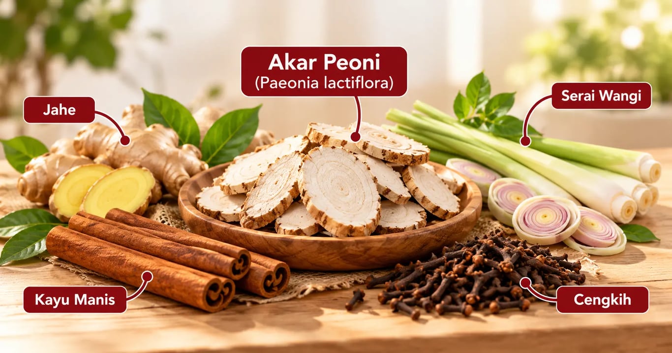 Empat rempah Nusantara dipadukan dengan akar peoni dalam racikan jamu pegal linu Zuo Hao Shi