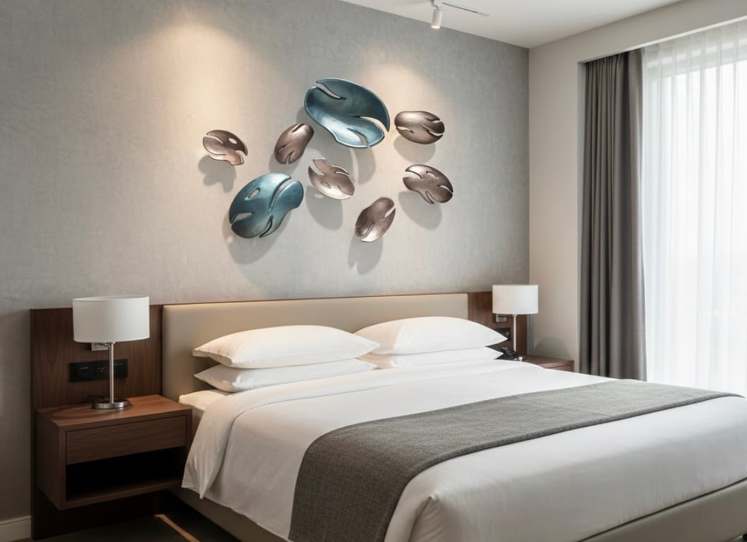 Contoh penerapan modul wall art ARTAVIA tipe PALA di headboard kamar hotel