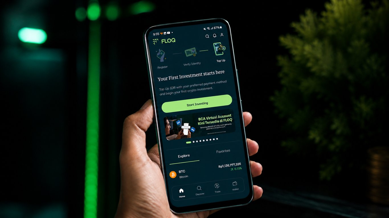 Ilustrasi tampilan aplikasi FLOQ, platform perdagangan aset kripto berlisensi OJK. Sumber: FLOQ