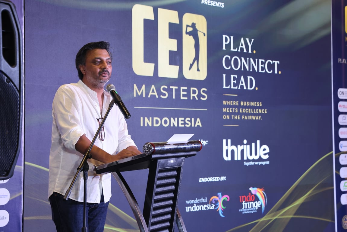 Prakash Vijaykumar memberikan sambutan pada Gala Dinner turnamen golf CEO Masters Indonesia 2026 di Pondok Indah Golf Course, Jakarta, Sabtu (10/10/2026).