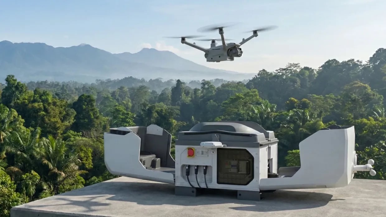 DJI Dock 3 dan DJI Matrice 4TD siaga untuk memverifikasi alarm perimeter secara otomatis. (Halo Robotics)
