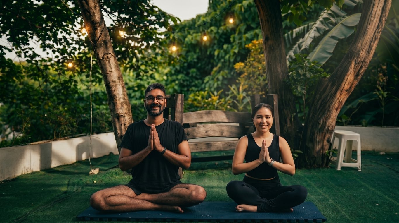 Co-founders Yogi Kirtti Anand and Anj Volante, united by a shared vision to bring authentic Indian yoga to the Philippines.