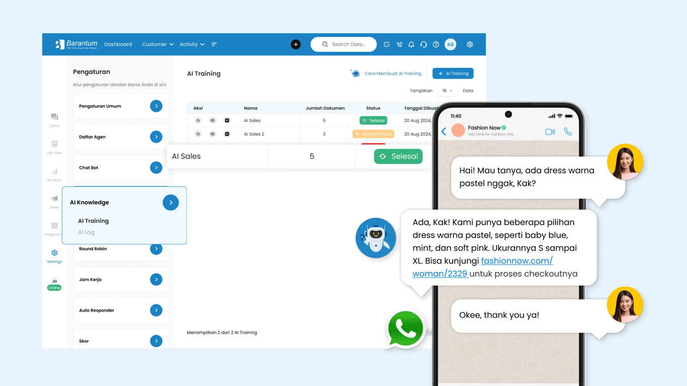 Layani pelanggan 24/7 dengan AI Agent Barrantum yang mampu menjawab pertanyaan secara otomatis, cepat, dan akurat langsung dari WhatsApp.