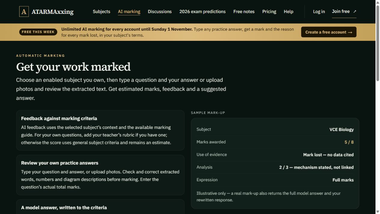 ATARMAxxing AI marking page; feedback shown is an illustrative example.