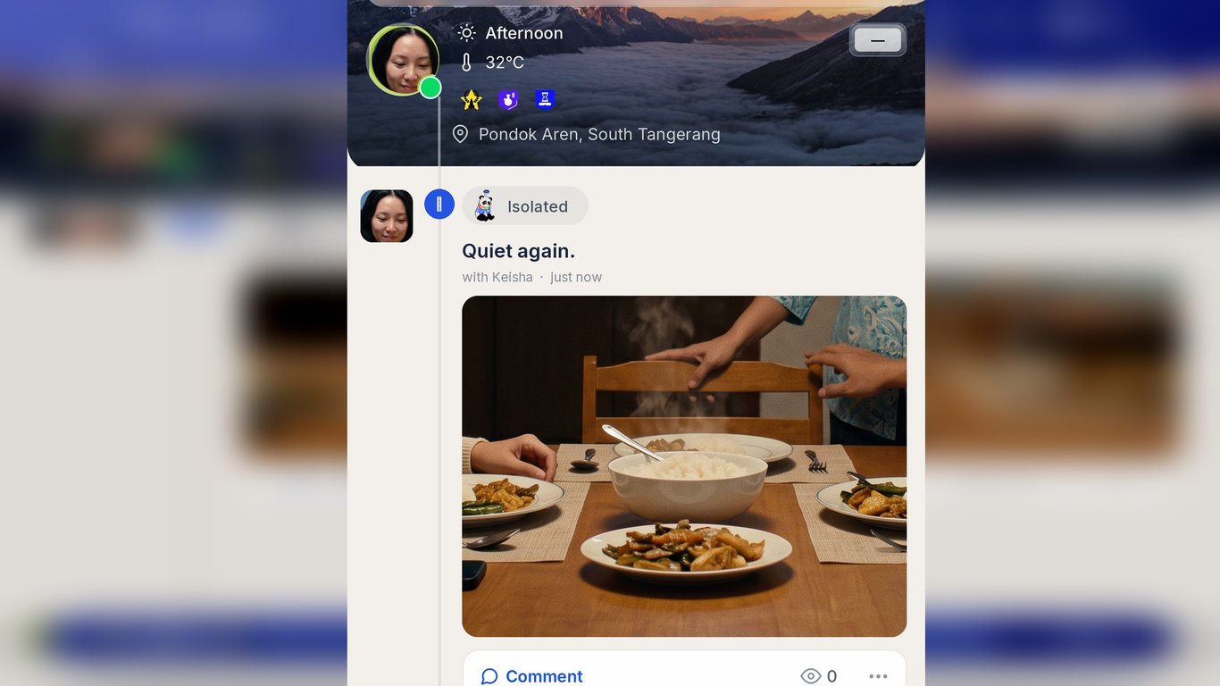 A moment in the Sanct Social app with its Memoji, the small mood sign under a shared photo. Real app screen.