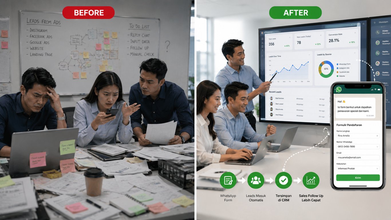 Ilustrasi tim sales sebelum dan sesudah mengumpulkan data melalui WhatsApp Form