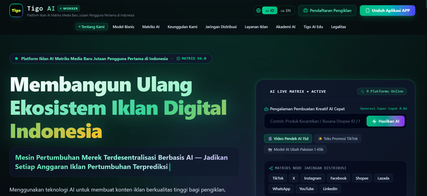 Tampilan website tigoads.com