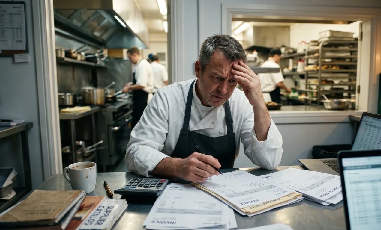 A professional kitchen pass at night, a printed P&L sheet and recipe costing notebook open beside a chef's knife, warm.