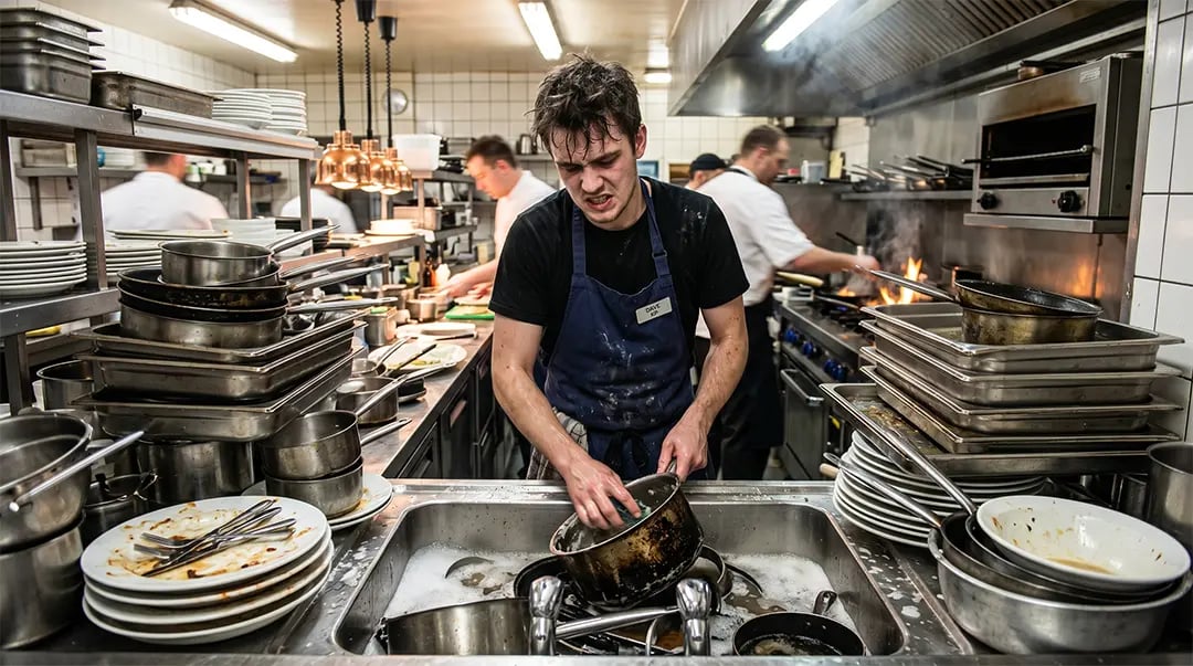 A busy professional kitchen, low angle shot of a kitchen porter washing stacked pans at a steel sink, steam rising, warm.