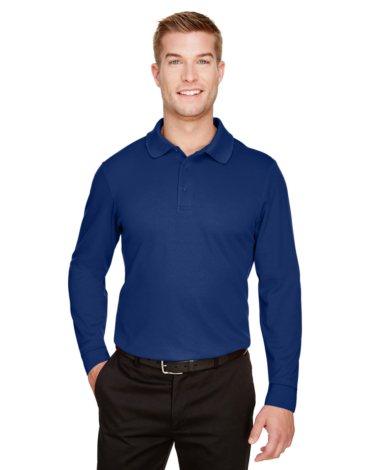 Front view of CrownLux Performance® Tall Plaited Long Sleeve Polo