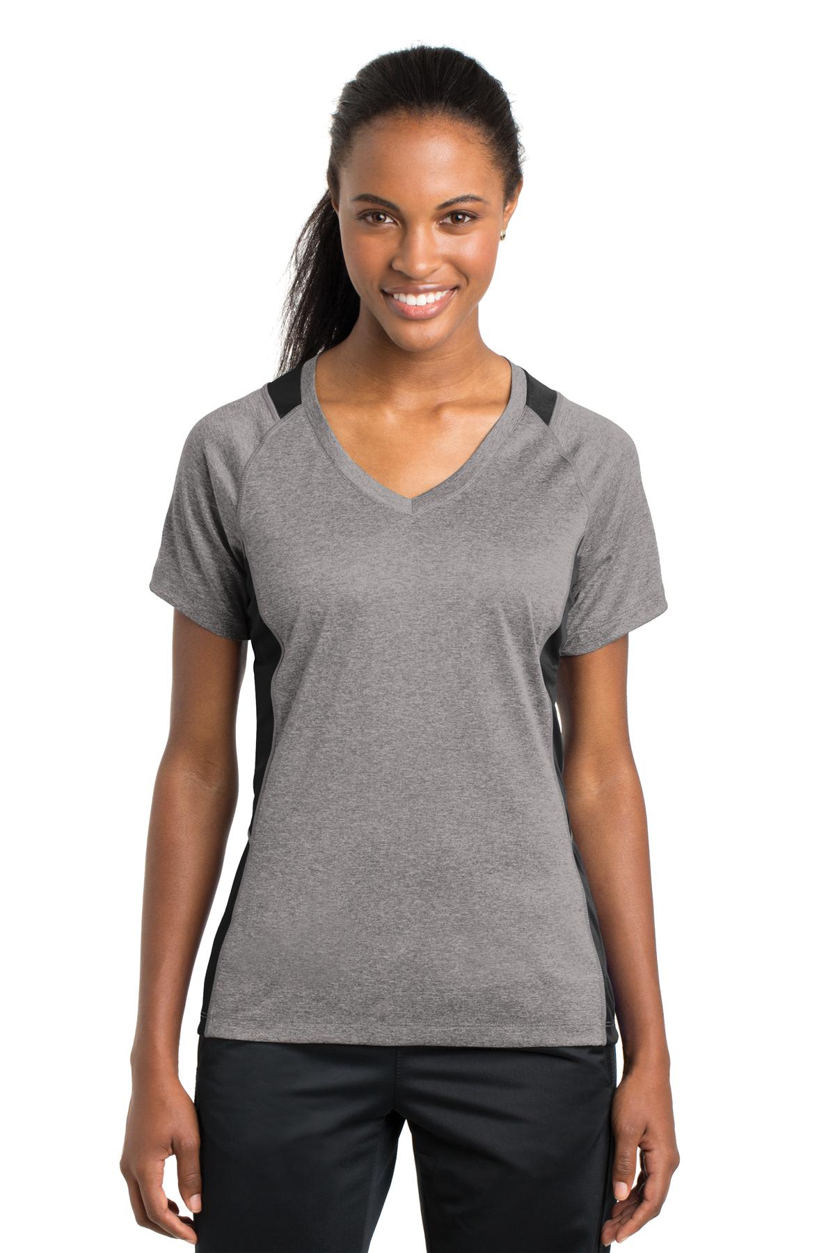 Front view of Ladies Heather Colorblock Contender V-Neck Tee