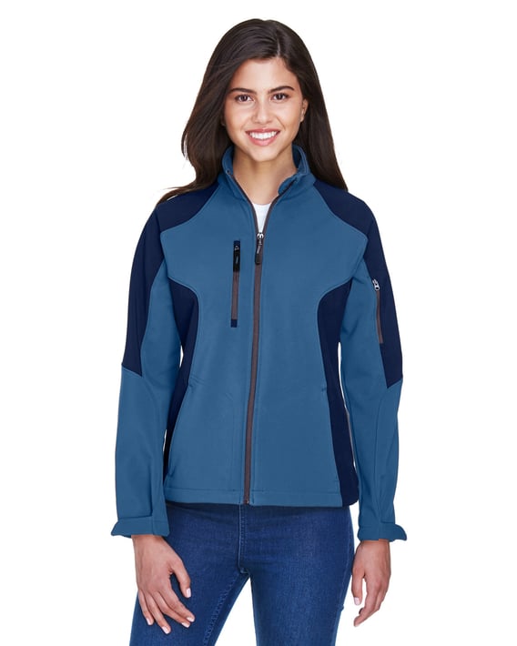 Front view of Ladies’ Compass Colorblock Three-Layer Fleece Bonded Soft Shell Jacket