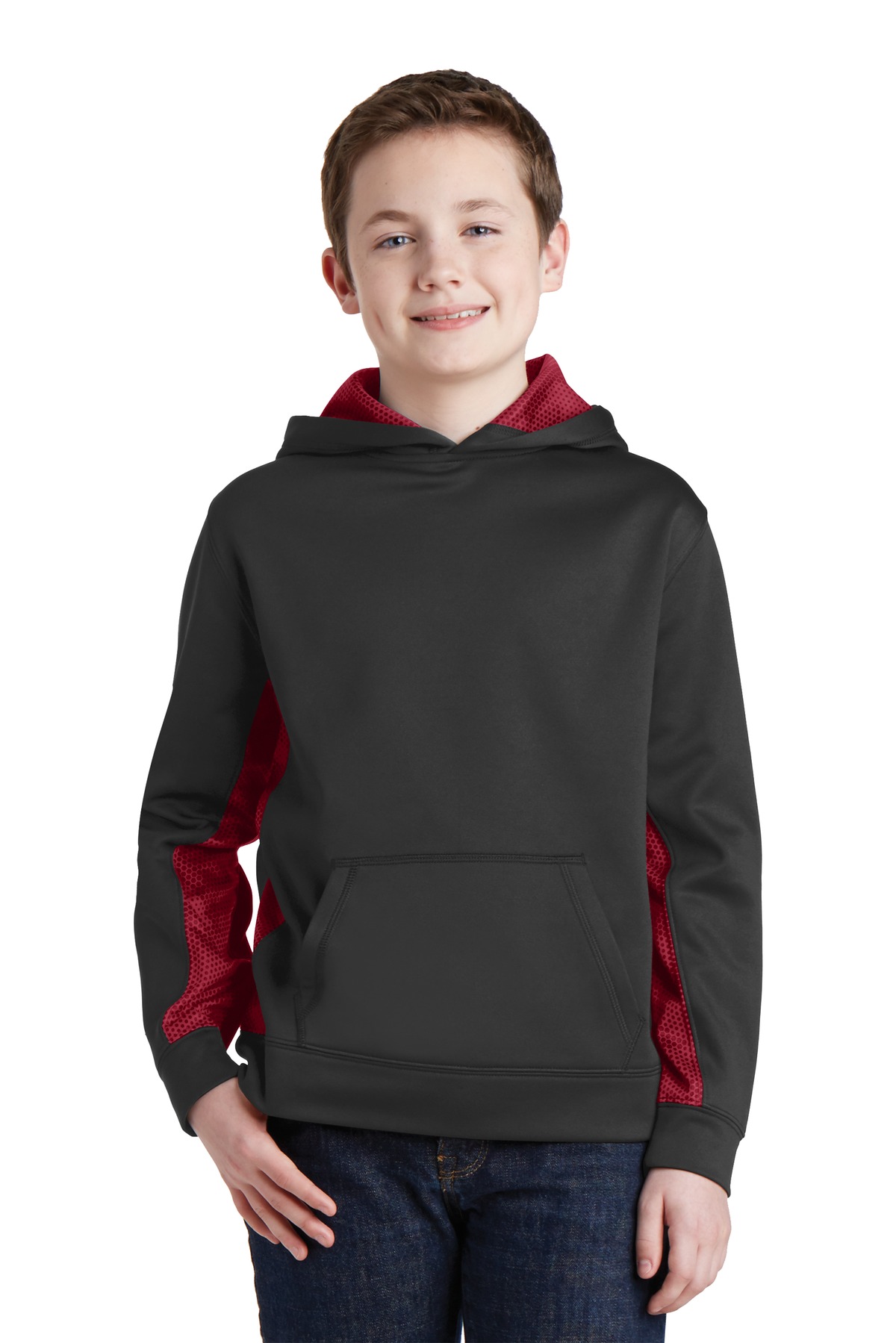 Front view of Youth Sport-Wick® CamoHex Fleece Colorblock Hooded Pullover