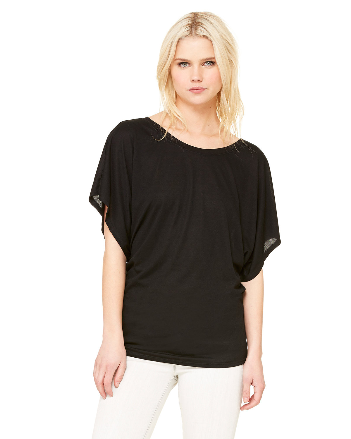 Front view of Ladies’ Flowy Draped Sleeve Dolman T-Shirt