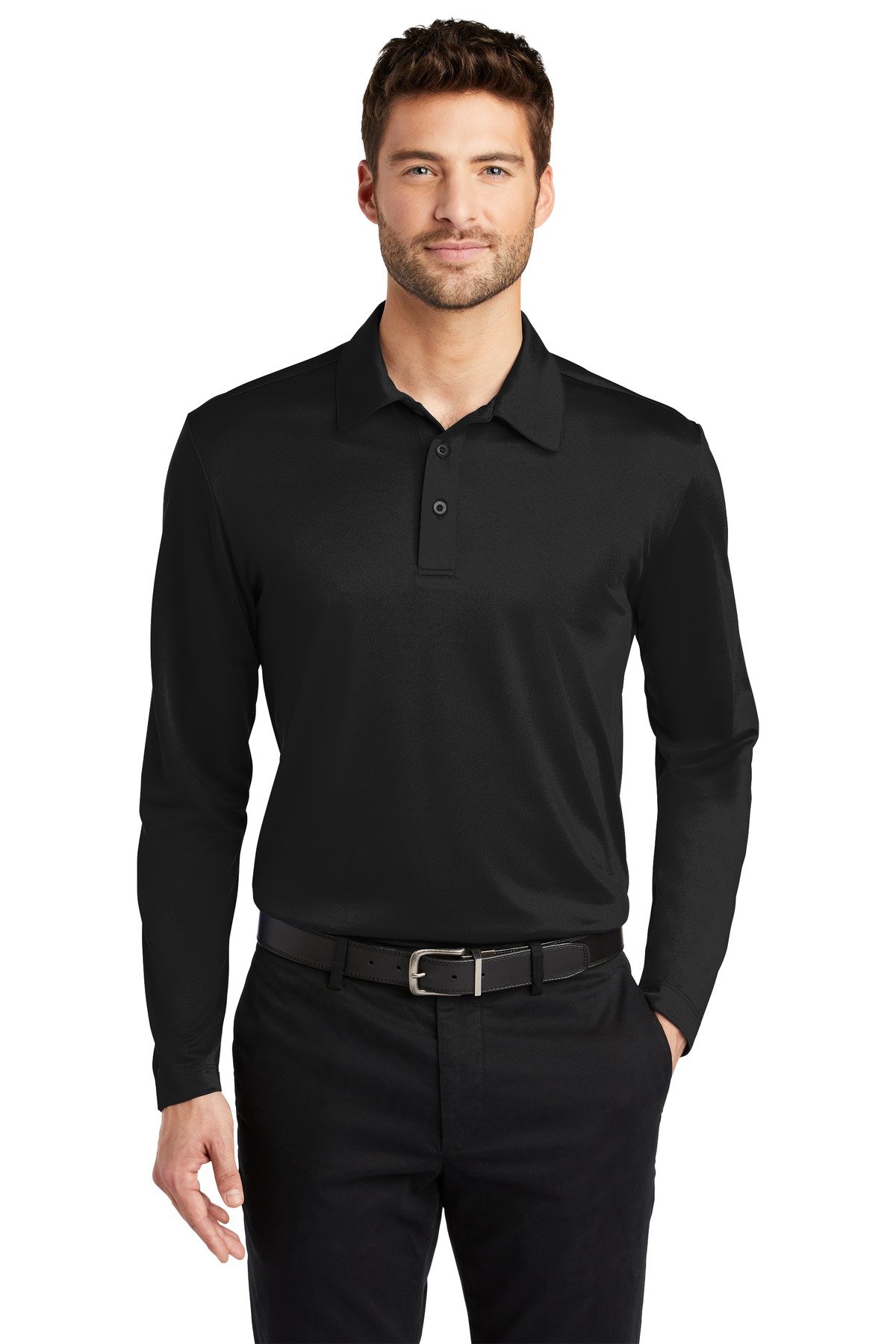 Front view of Silk Touch Performance Long Sleeve Polo