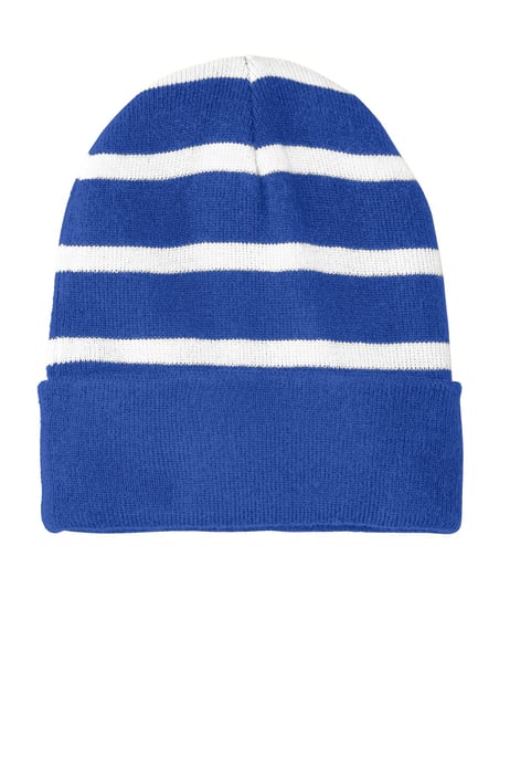 Front view of Striped Beanie With Solid Band