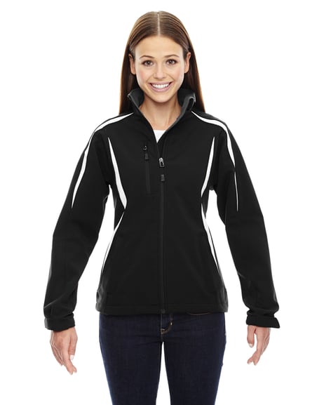 Front view of Ladies' Enzo Colorblocked Three-Layer Fleece Bonded Soft Shell Jacket