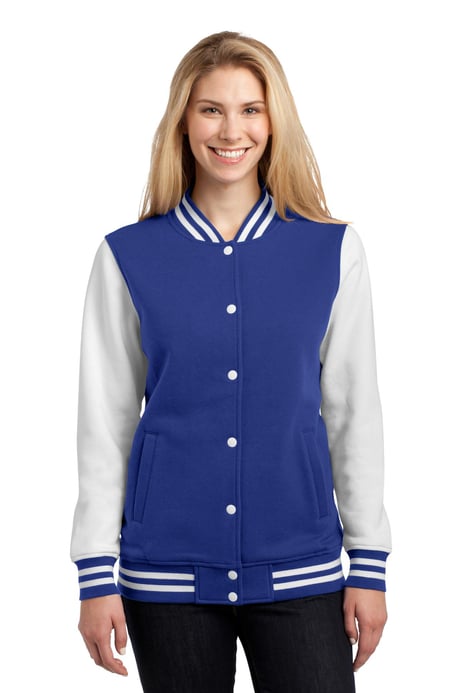 Front view of Ladies Fleece Letterman Jacket