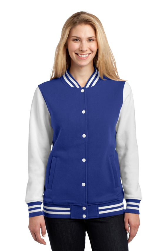 Front view of Ladies Fleece Letterman Jacket