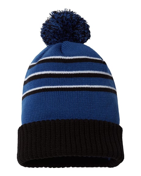 Front view of Stripe Pom Cuffed Beanie
