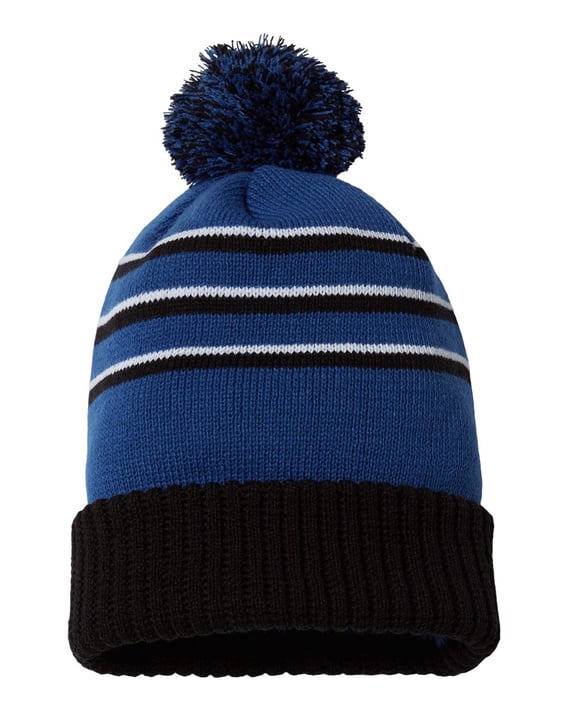 Front view of Stripe Pom Cuffed Beanie