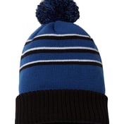 Front view of Stripe Pom Cuffed Beanie
