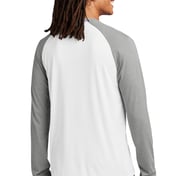 Back view of Unisex Tri-Blend Long Sleeve Colorblock Raglan