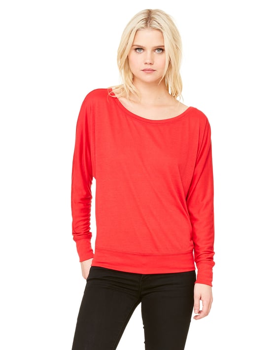 Front view of Ladies’ Flowy Long-Sleeve Off Shoulder T-Shirt