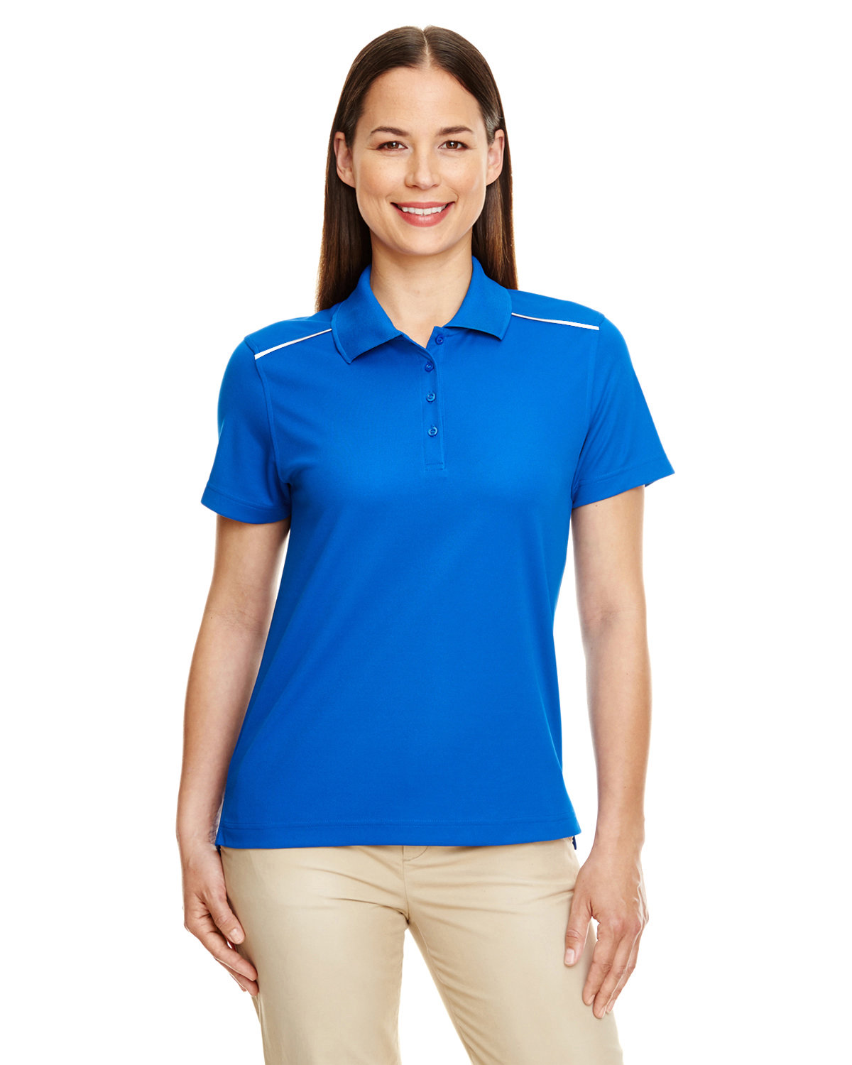 Front view of Ladies’ Radiant Performance Piqué Polo With Reflective Piping
