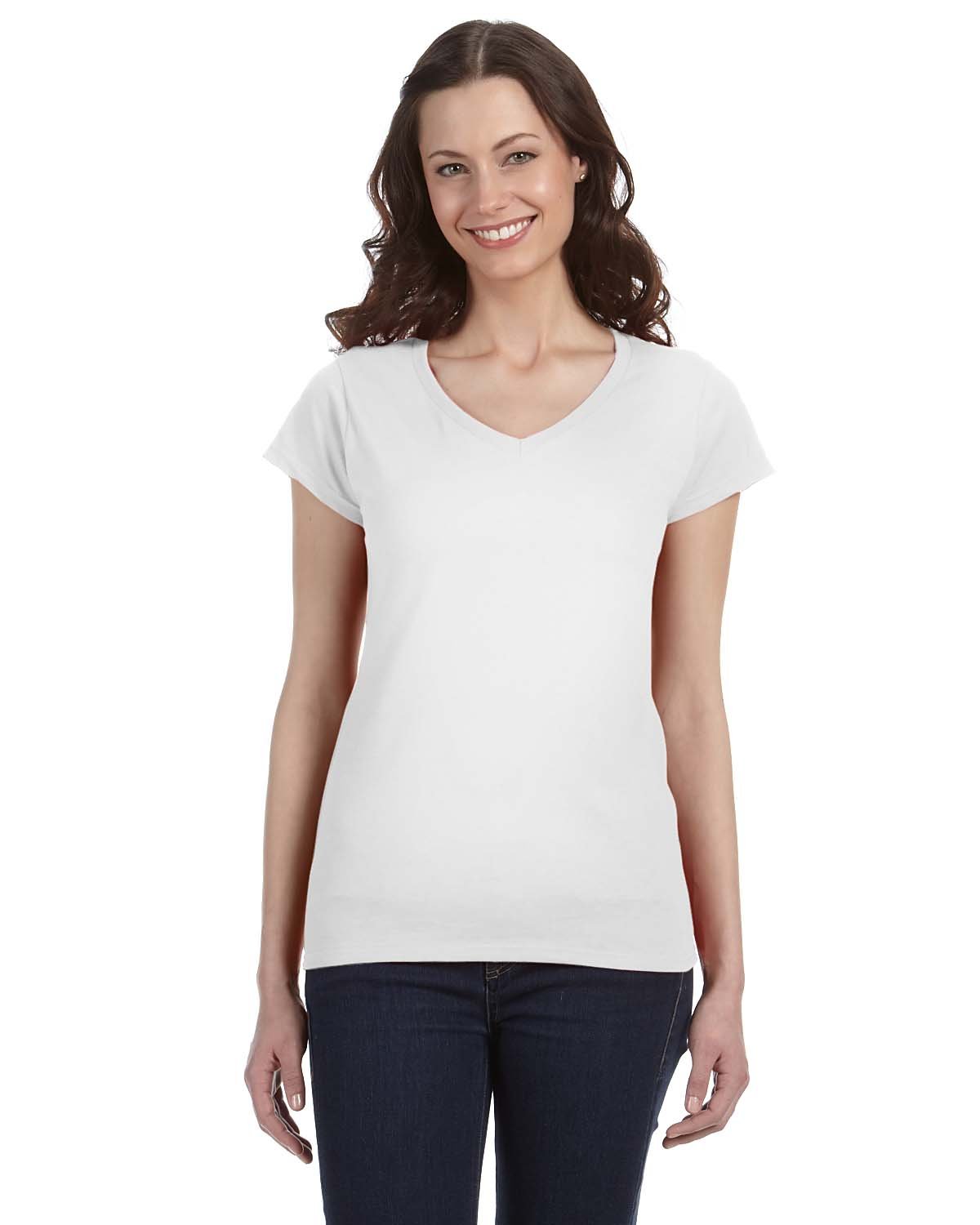 Front view of Ladies’ SoftStyle® Fitted V-Neck T-Shirt