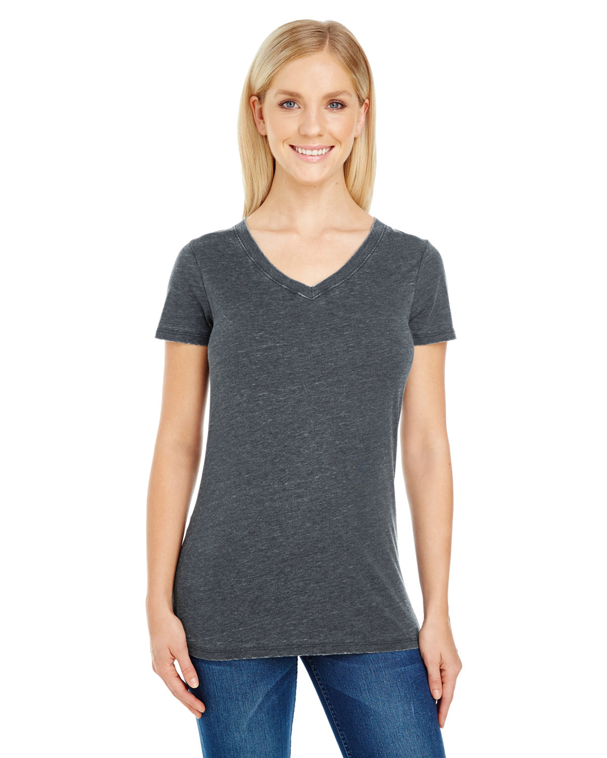 Front view of Ladies’ Vintage Dye Short-Sleeve V-Neck T-Shirt