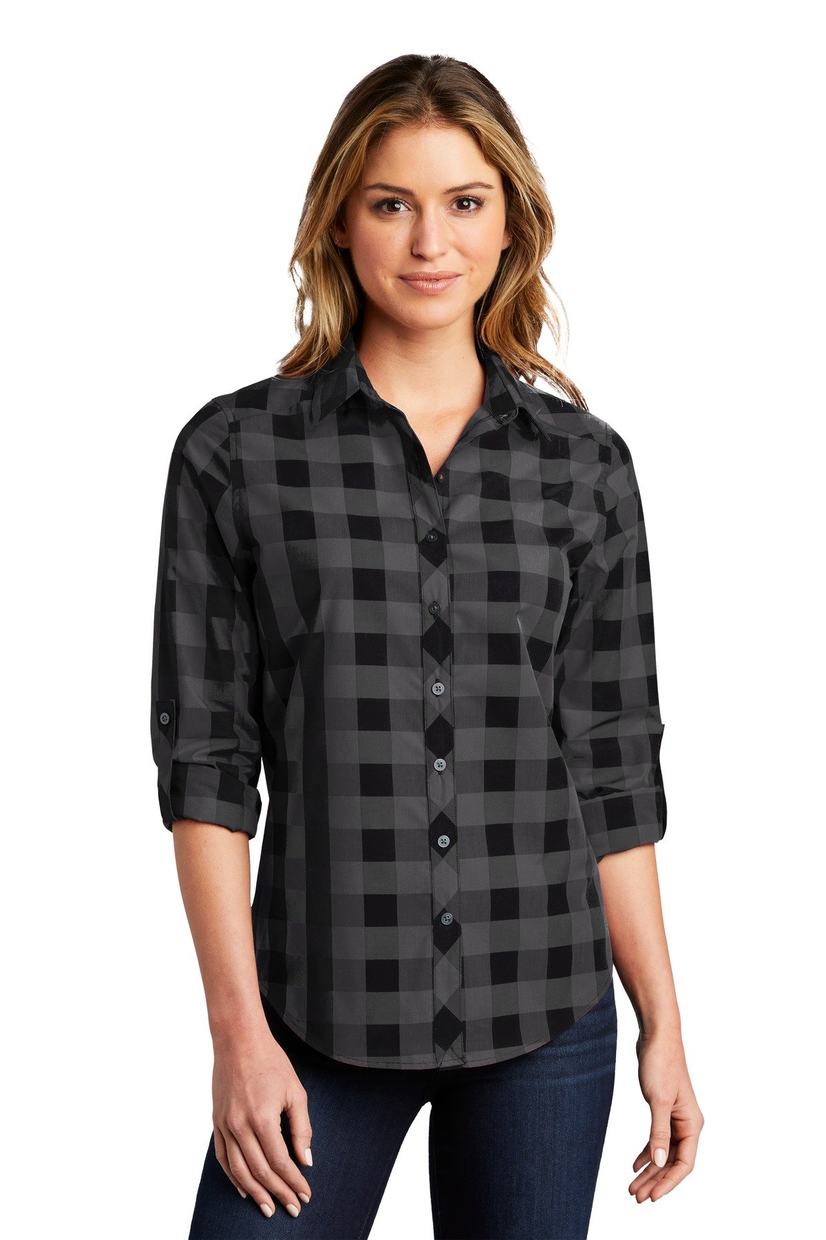 Front view of Ladies Everyday Plaid Shirt