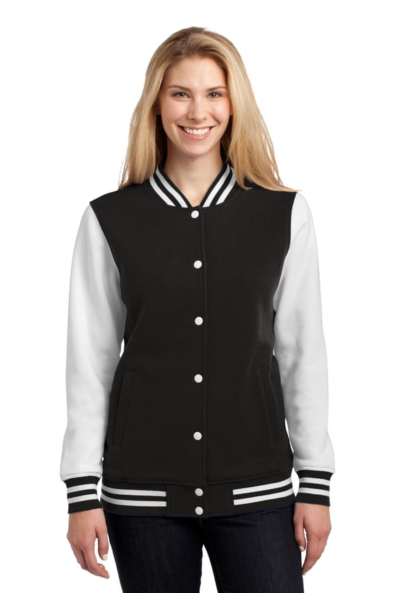 Front view of Ladies Fleece Letterman Jacket