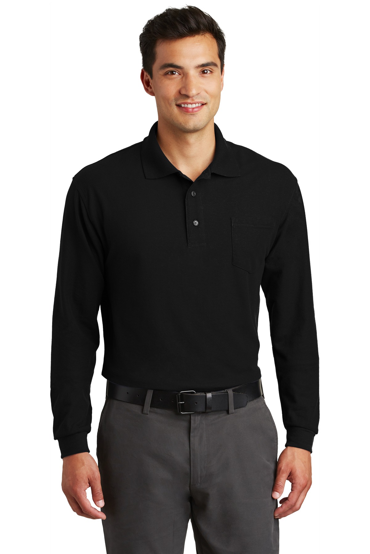 Front view of Long Sleeve Silk Touch Polo With Pocket