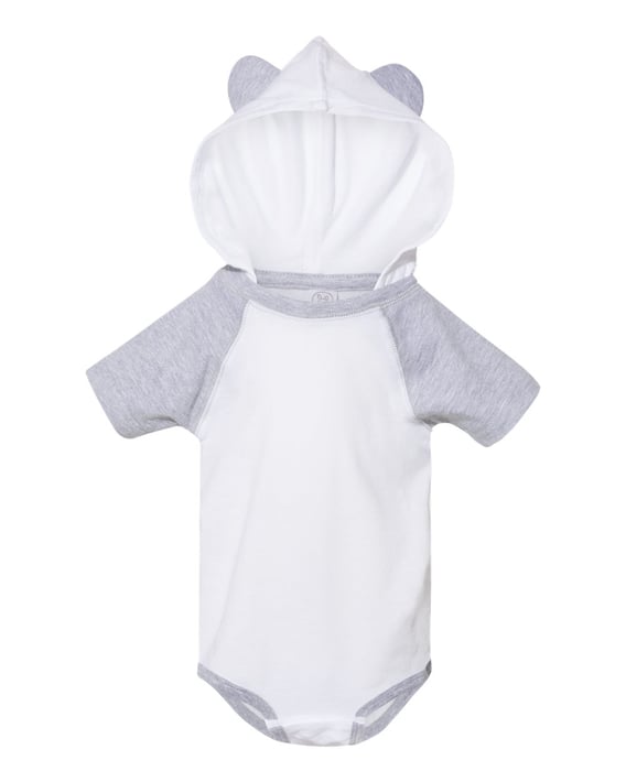 Front view of Fine Jersey Infant Short Sleeve Raglan Bodysuit With Hood & Ears