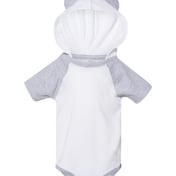 Front view of Fine Jersey Infant Short Sleeve Raglan Bodysuit With Hood & Ears