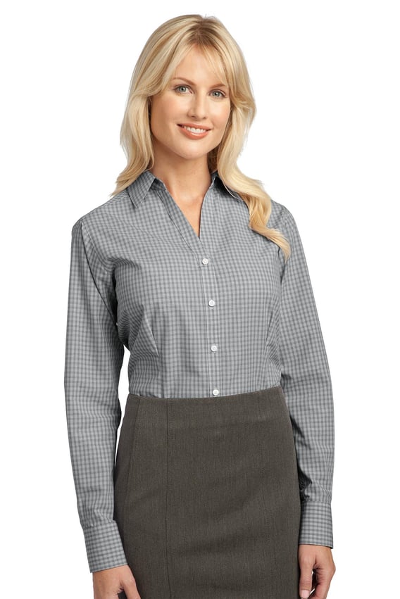 Front view of Ladies Plaid Pattern Easy Care Shirt