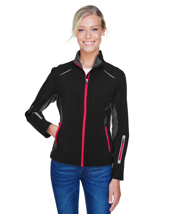 Front view of Ladies’ Pursuit Three-Layer Light Bonded Hybrid Soft Shell Jacket With Laser Perforation