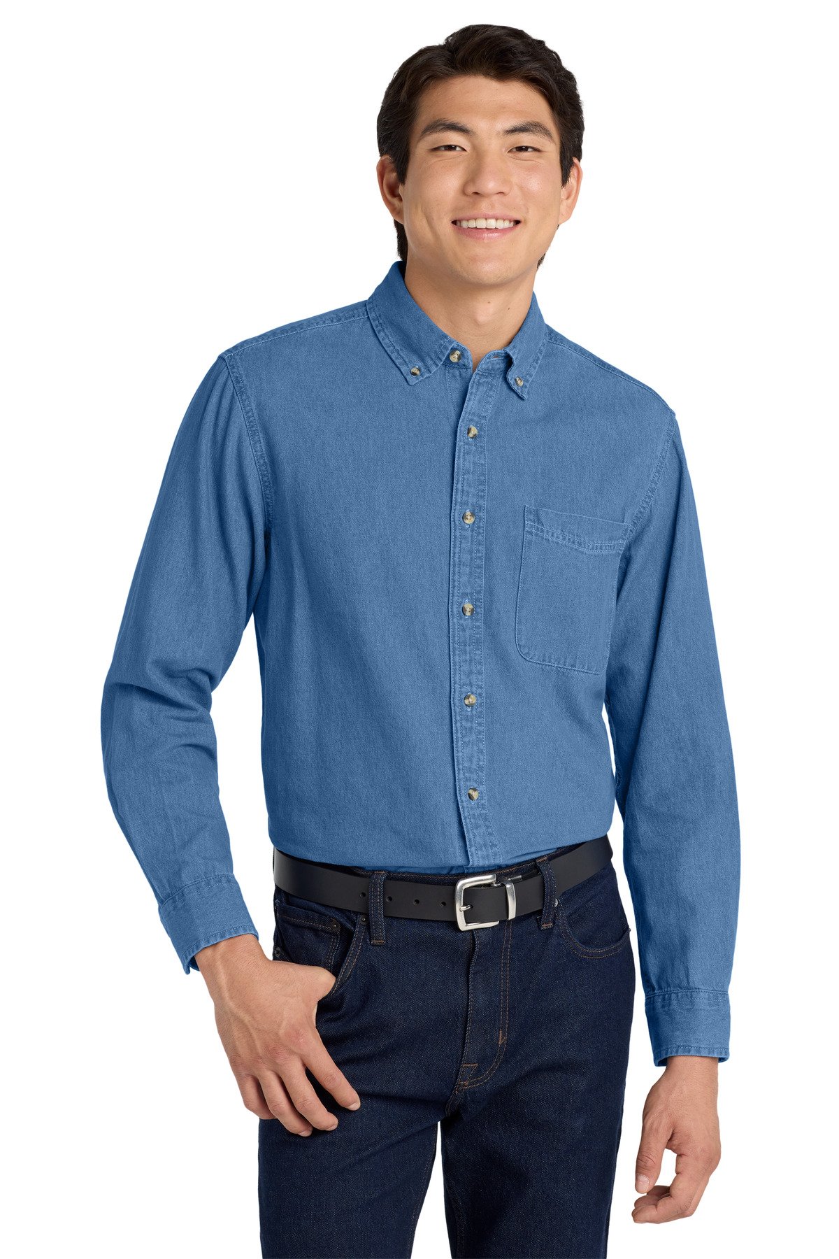 Front view of Tall Long Sleeve Denim Shirt