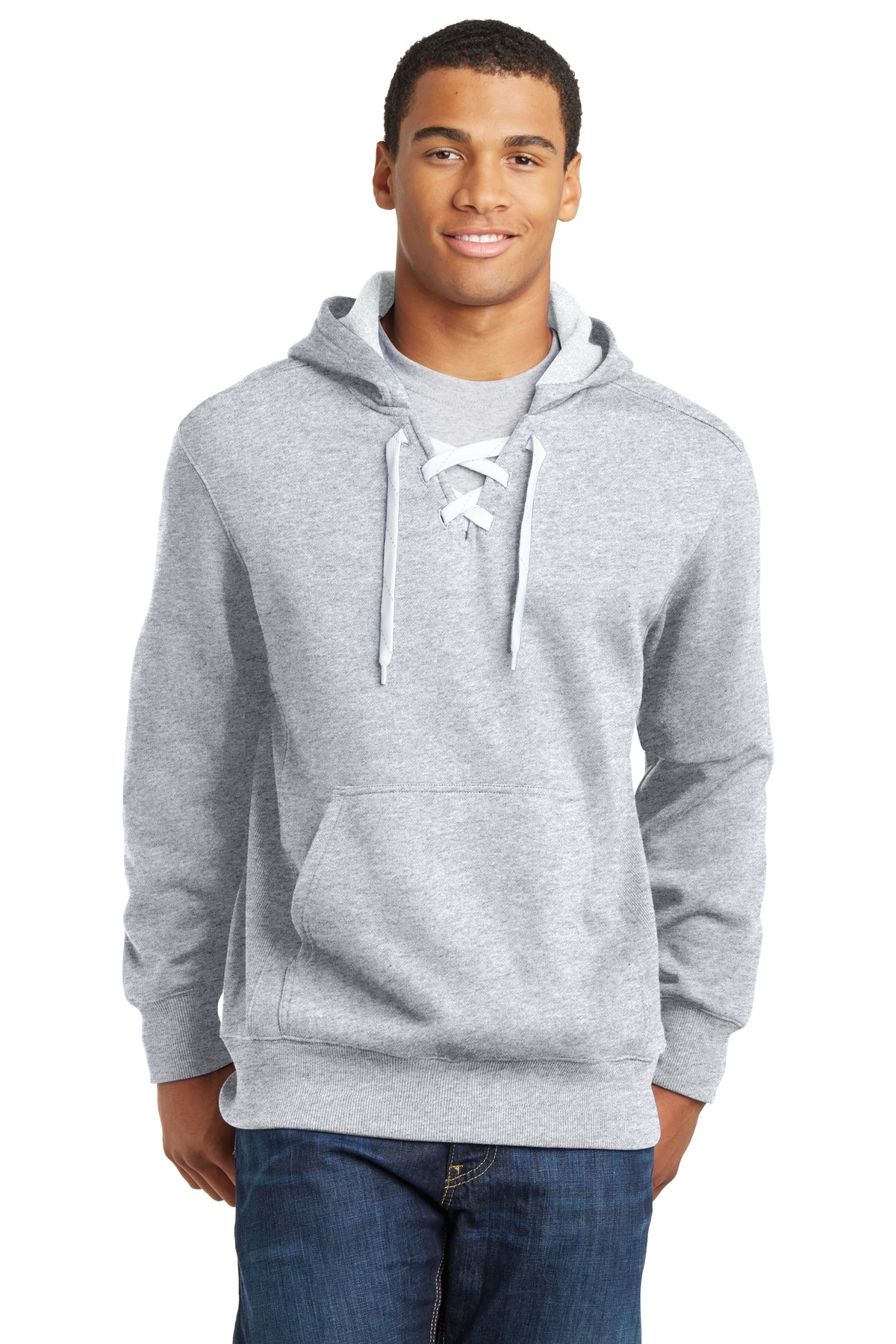 Front view of Lace Up Pullover Hooded Sweatshirt