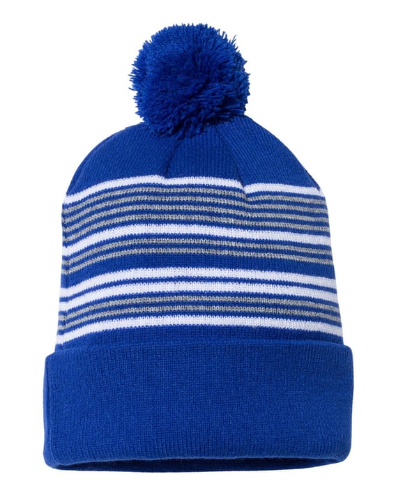 Front view of 12″ Striped Pom-Pom Cuffed Beanie