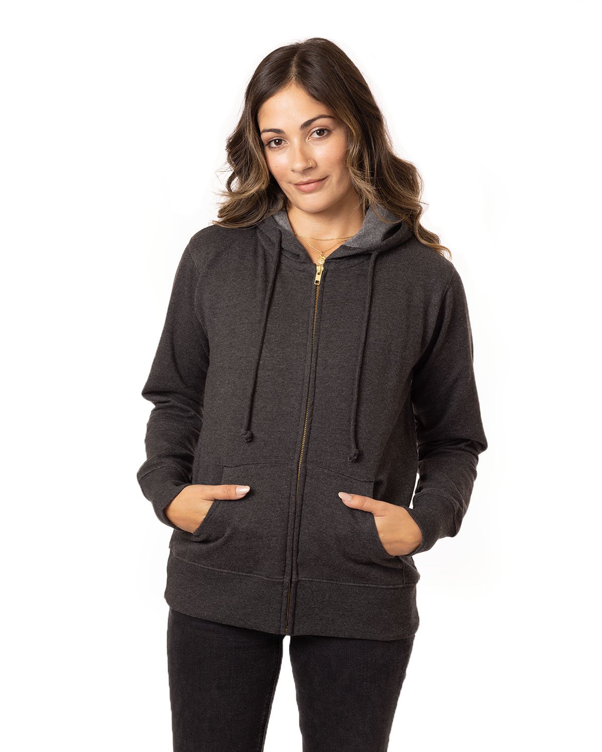Front view of Ladies’ Heathered Full-Zip Hooded Sweatshirt